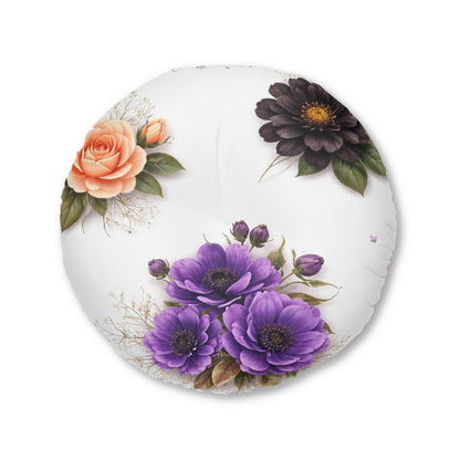 Round Tufted Floor Pillow — Vintage Floral Bouquet (Purple, Peach & Chocolate Blooms)