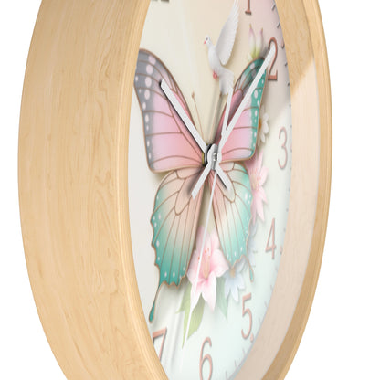 Pastel Butterfly Wall Clock — Floral Dove Decorative Clock for Nursery & Bedroom