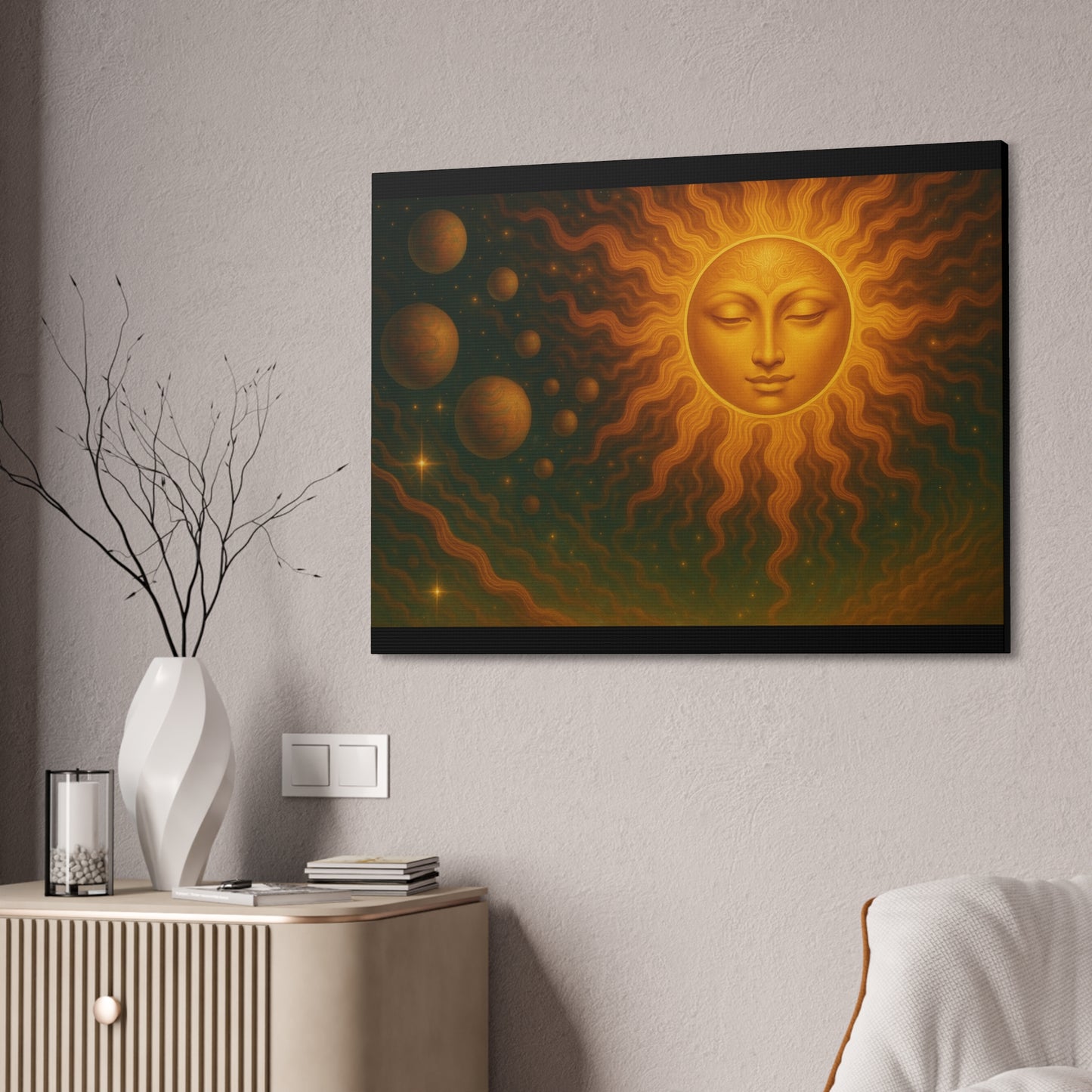 Mystical Sun Wall Canvas - Golden Celestial Art Stretched Canvas by Grace Canvas.shop