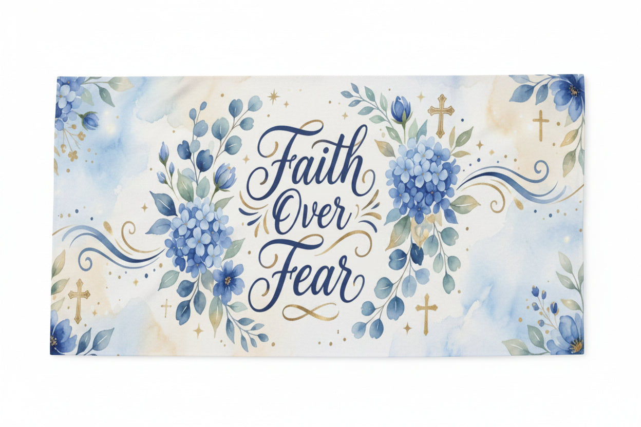 Decorative Throw Blanket Blue Flowers with Faith Over Fear in bold, elegant text