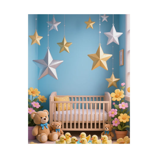 Nursery Star Wall Poster — Cute Crib, Teddy & Hanging Stars Satin Print