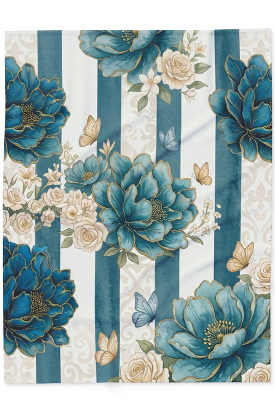 Teal Peony Striped Throw Fleece Blanket