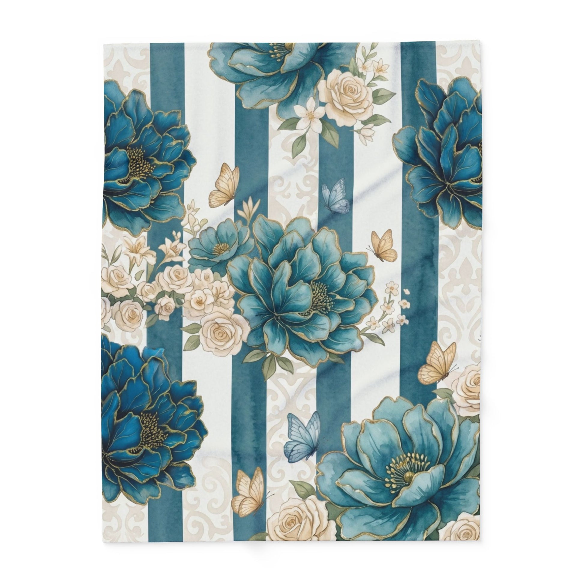 Teal Peony Striped Throw Fleece Blanket