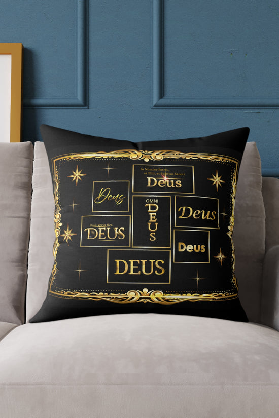 Deus Gold Foil Accent Pillow — Black Square Decorative Throw Pillow by Grace Canvas Shop