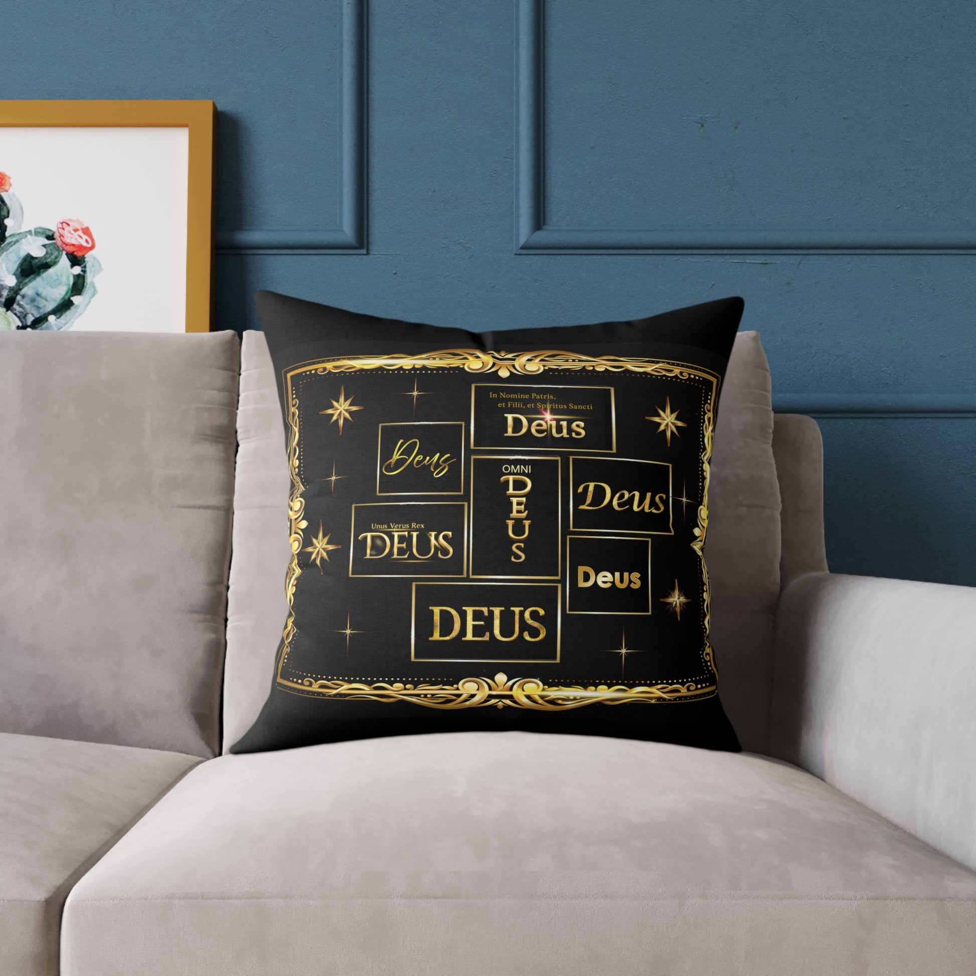 Deus Gold Foil Accent Pillow — Black Square Decorative Throw Pillow by Grace Canvas Shop
