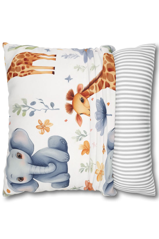 Nursery Animal Throw Pillowcase — Giraffe & Elephant Floral Square Cushion Cover by Grace Canvas Shop