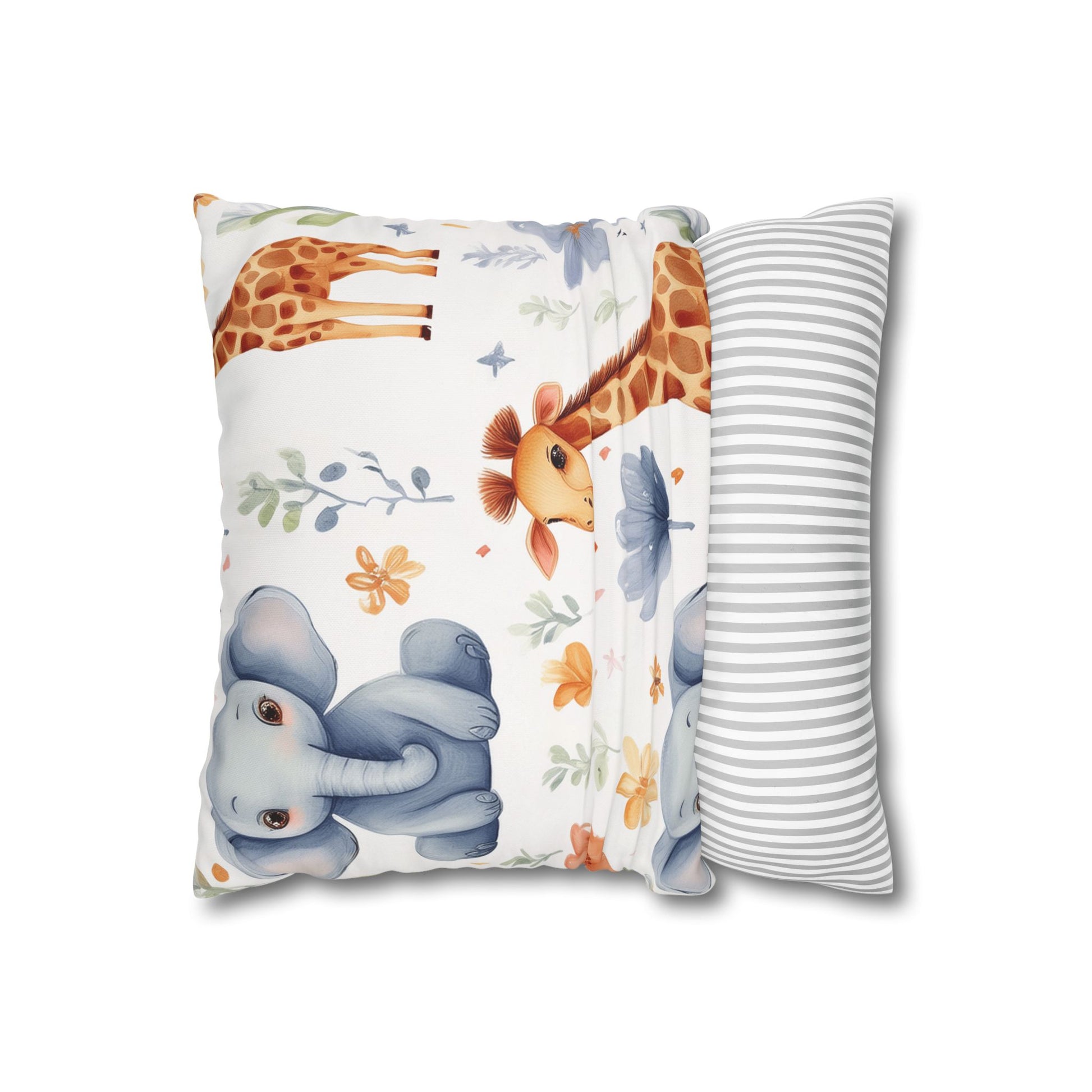 Nursery Animal Throw Pillowcase — Giraffe & Elephant Floral Square Cushion Cover by Grace Canvas Shop