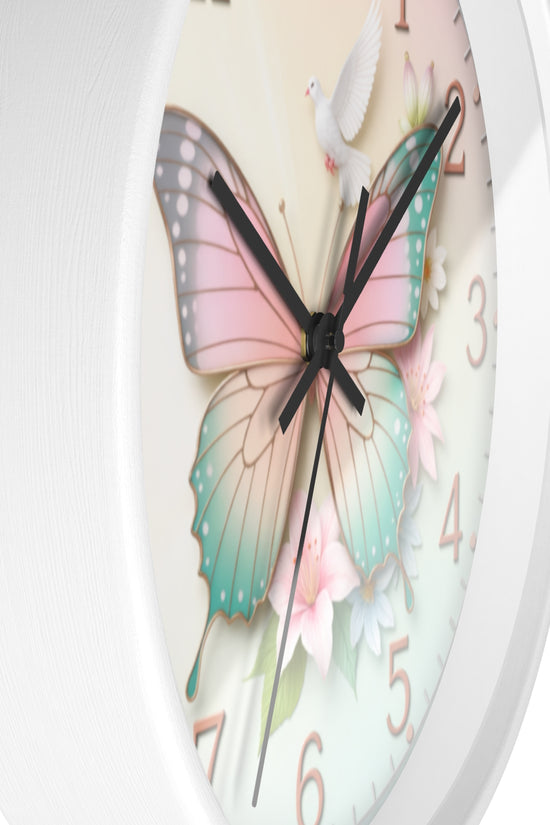 Pastel Butterfly Wall Clock — Floral Dove Decorative Clock for Nursery & Bedroom by Grace Canvas Shop