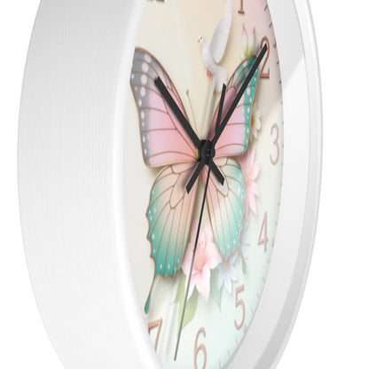 Pastel Butterfly Wall Clock — Floral Dove Decorative Clock for Nursery & Bedroom