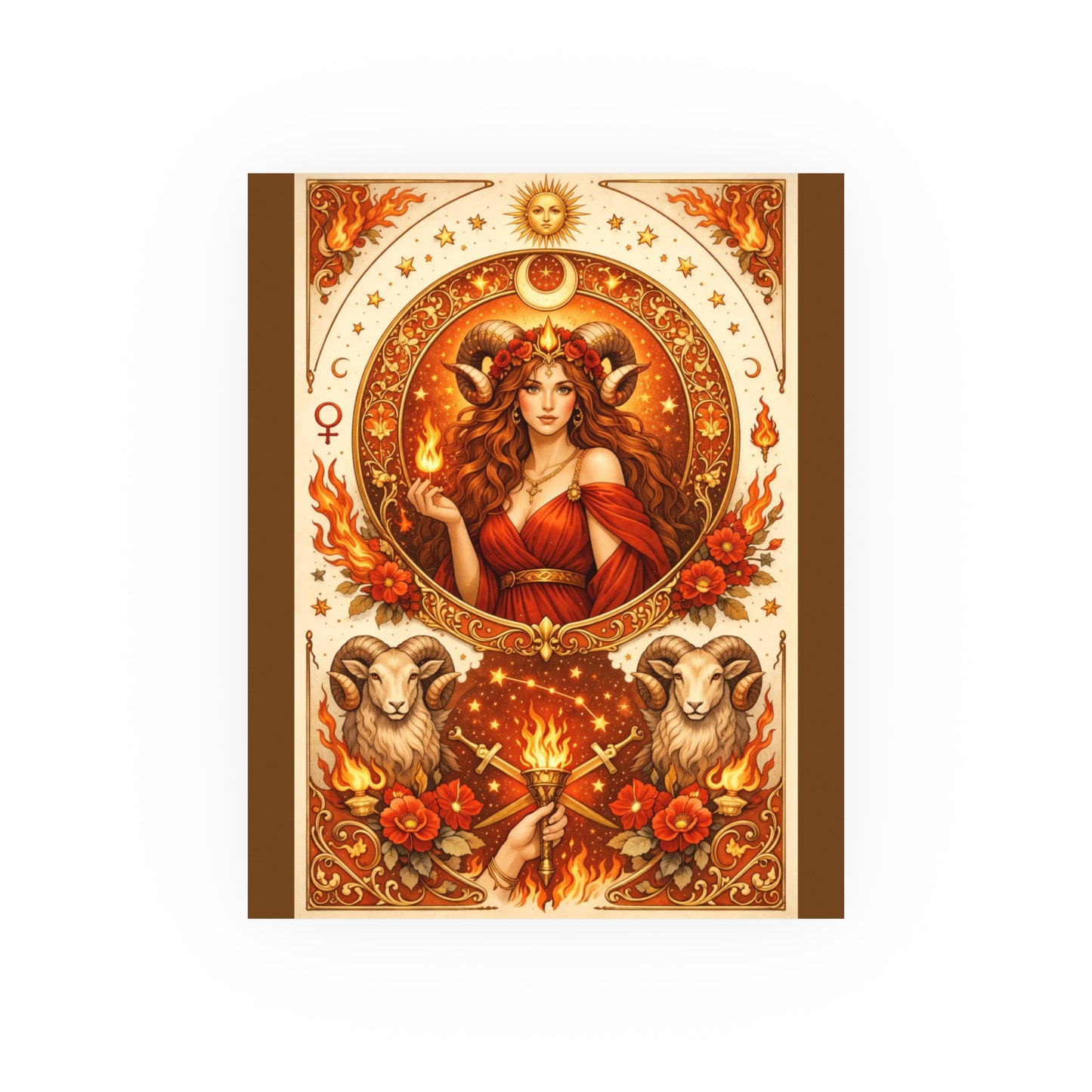 Aries Zodiac Art Poster — Fiery Goddess Illustration (Archival Matte)