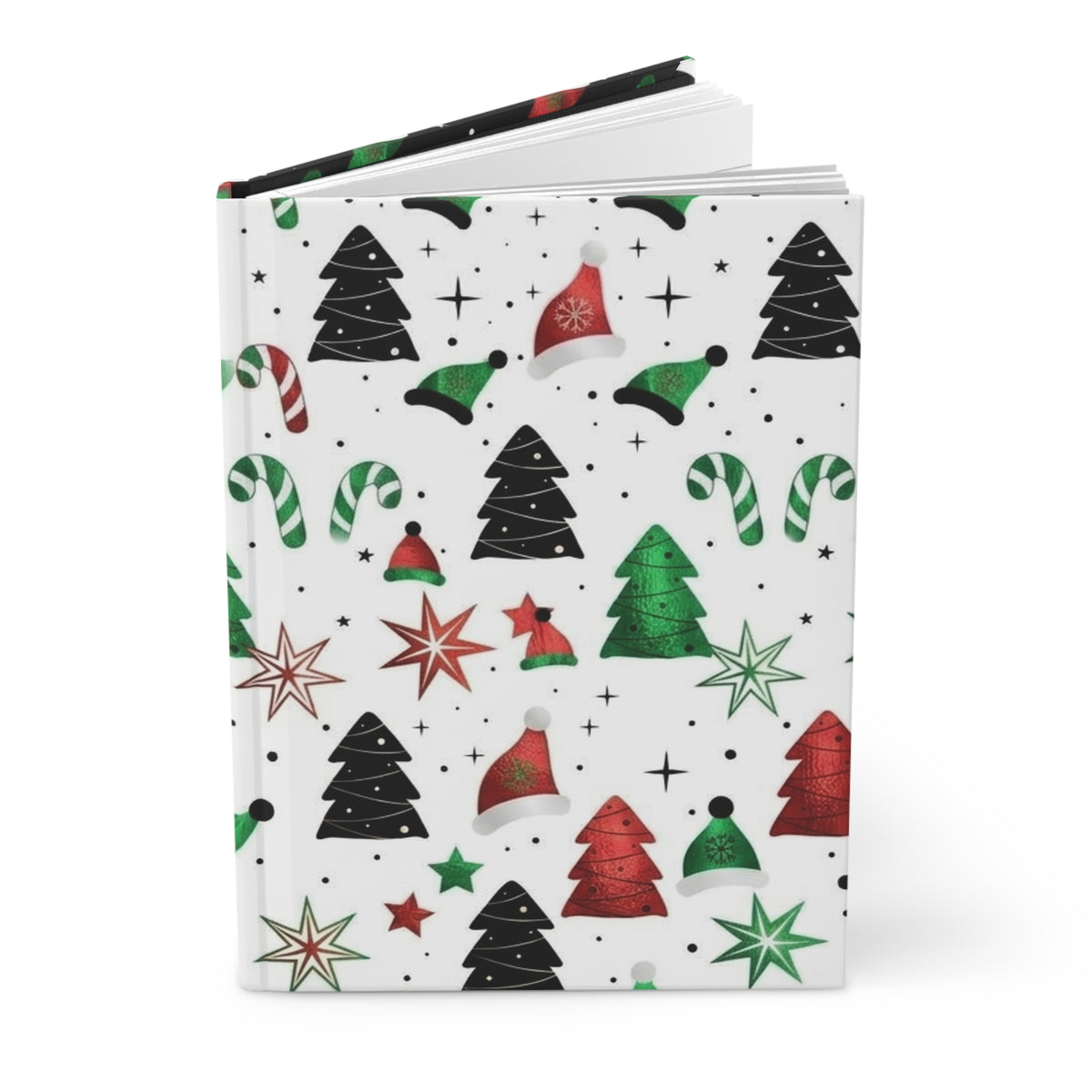 Christmas Pattern Hardcover Journal — Festive Trees, Candy Canes & Santa Hats (Lined)