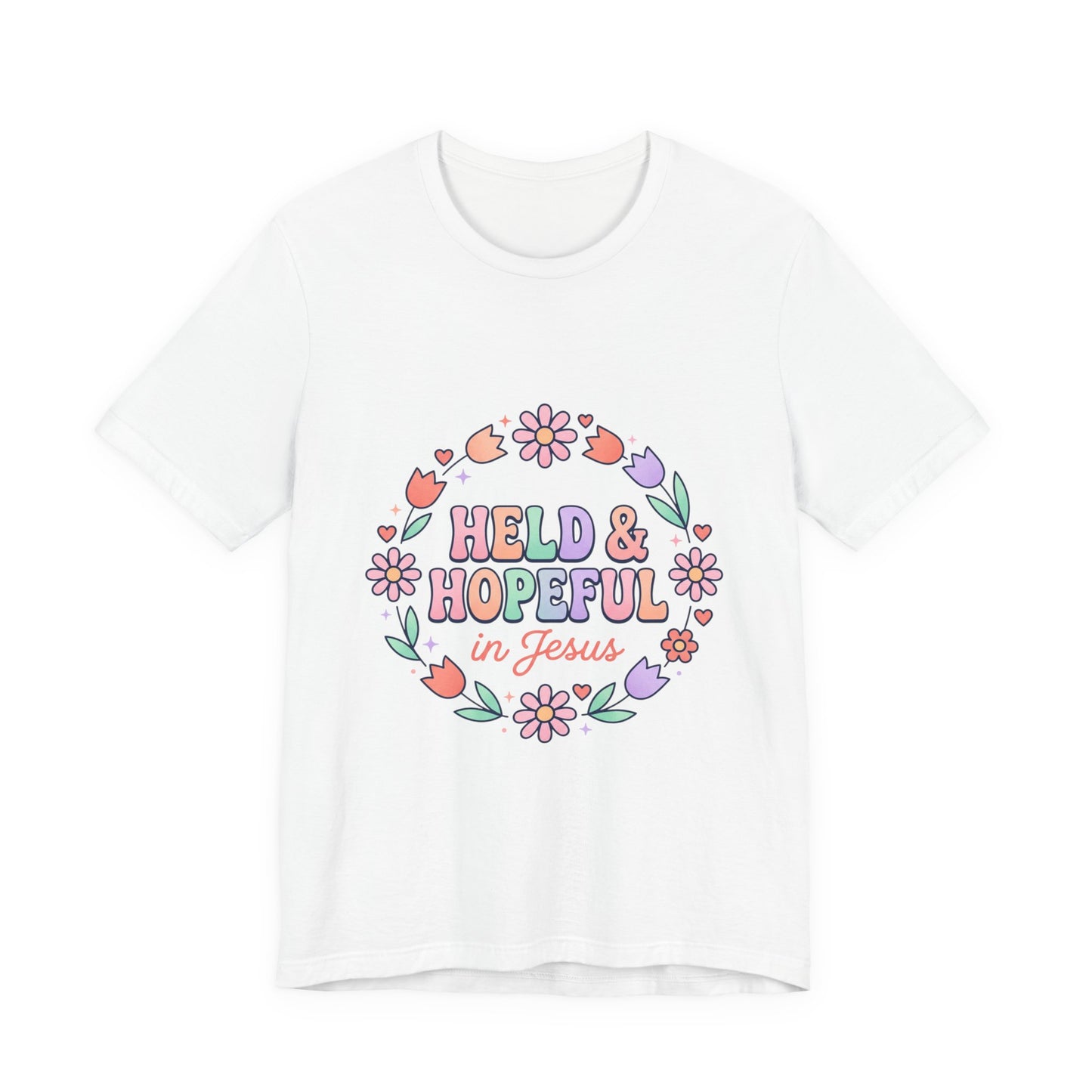 Held & Hopeful in Jesus Tee | Colorful Christian Encouragement, Retro Pastel