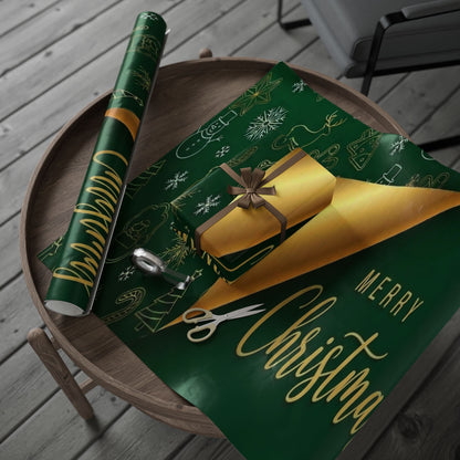 Christmas Green & Gold Wrapping Paper Roll — Elegant Holiday Gift Wrap with "Merry Christmas"