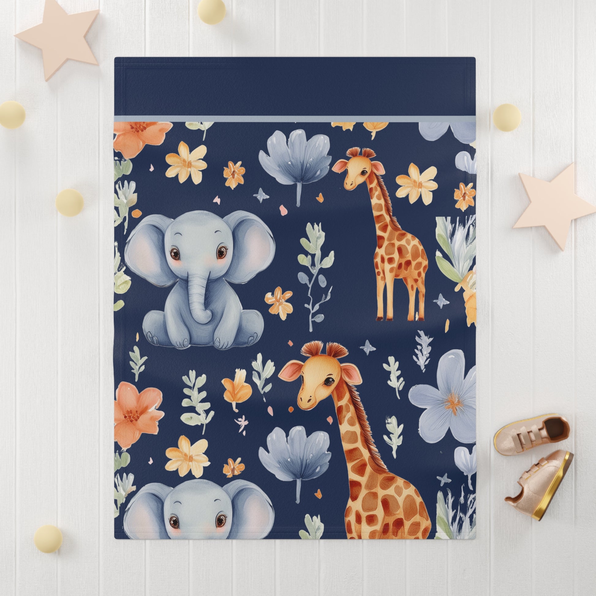 Watercolor Safari Navy Elephant & Giraffe Baby Blanket Aniimal Flece Blanket by Grace Canvas Shop