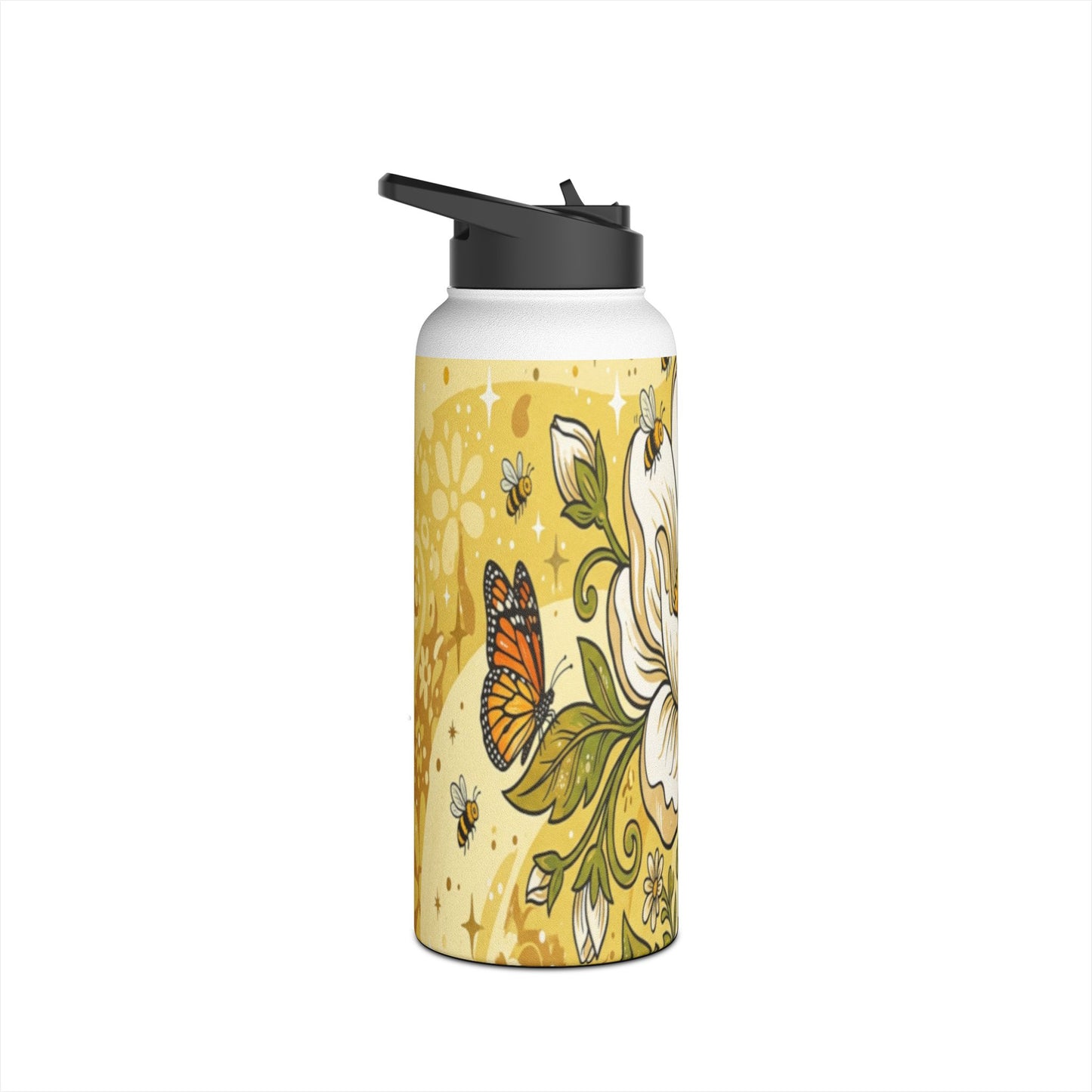 Floral Stainless Steel Water Bottle — Yellow Vintage Magnolia Design