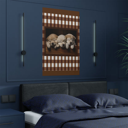 Sleeping Puppies Satin Poster — Cute Puppy Wall Art with Brown Gingham Border by Grace Canvas Shop