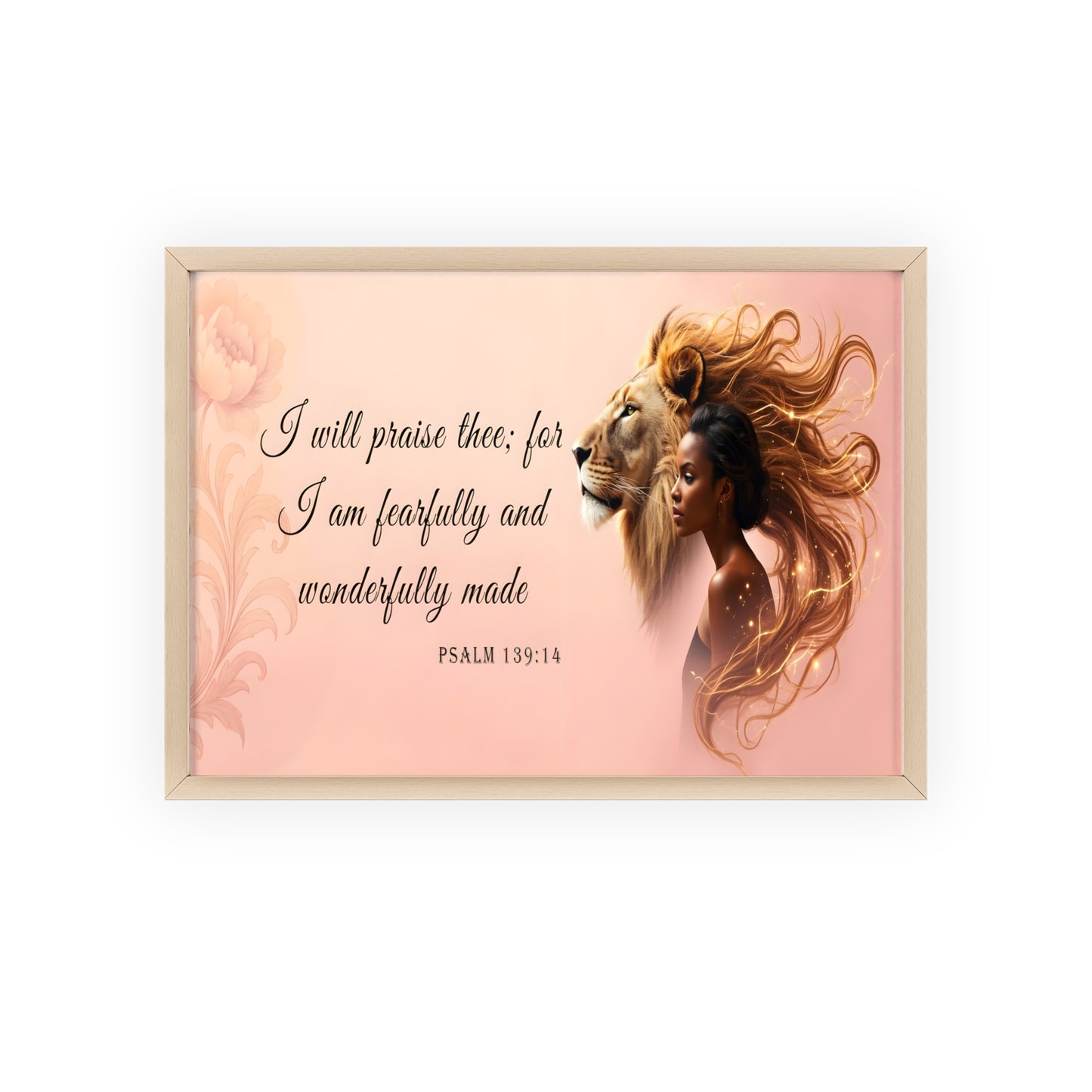 Fearfully & Wonderfully Made Wooden-Framed Poster — Psalm 139:14 Lion & Woman Wall Art