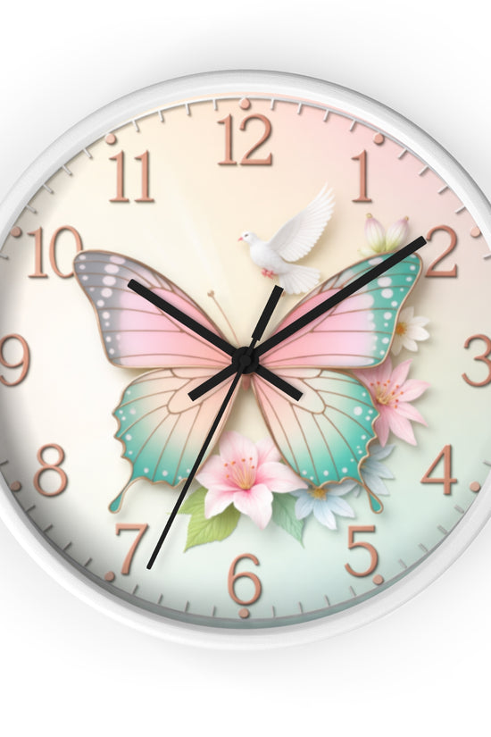 Pastel Butterfly Wall Clock — Floral Dove Decorative Clock for Nursery & Bedroom by Grace Canvas Shop