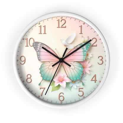 Pastel Butterfly Wall Clock — Floral Dove Decorative Clock for Nursery & Bedroom