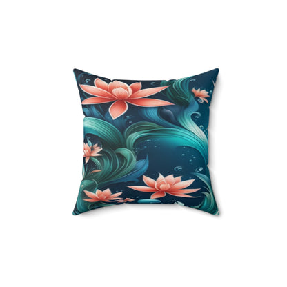 Aquatic Square Floral Throw Pillow — Teal & Coral Decorative Cushion