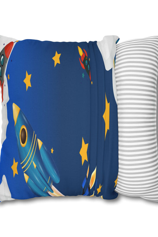 Kids Space Rocket Throw Pillowcase – Blue Stars Galaxy Decorative Pillow Cover by Grace Canvas Shop