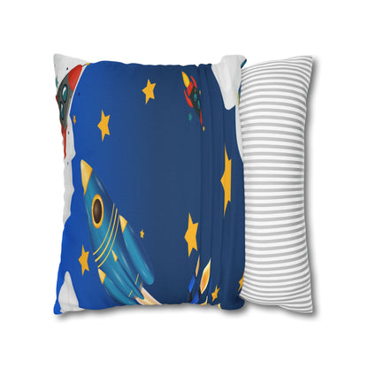 Kids Space Rocket Throw Pillowcase – Blue Stars Galaxy Decorative Pillow Cover by Grace Canvas Shop