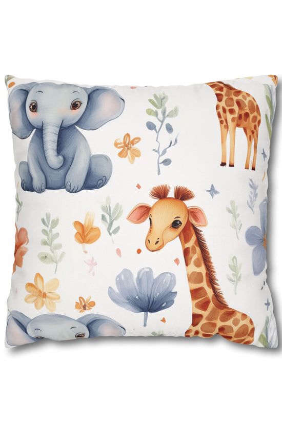 Nursery Animal Throw Pillowcase — Giraffe & Elephant Floral Square Cushion Cover by Grace Canvas Shop