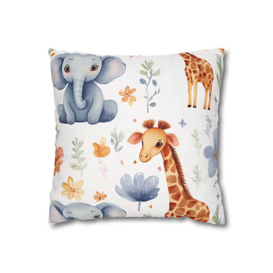 Nursery Animal Throw Pillowcase — Giraffe & Elephant Floral Square Cushion Cover by Grace Canvas Shop