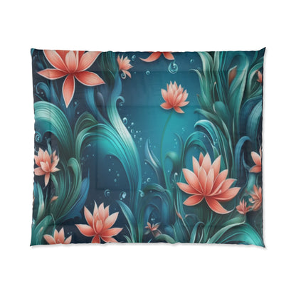 Lotus Garden Comforter – Teal Floral Bedding with Coral Waterlilies