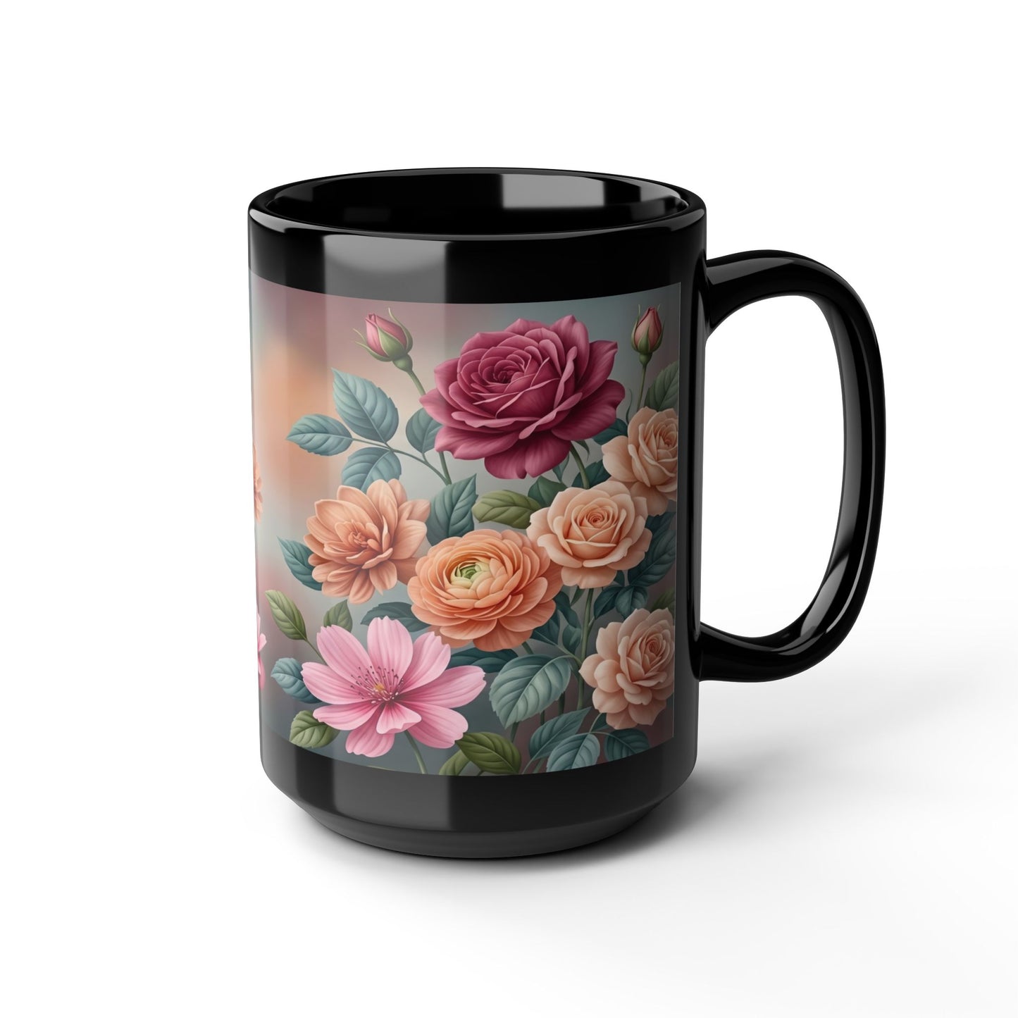 Floral Vintage Roses Black Coffee Mug (11oz/15oz)