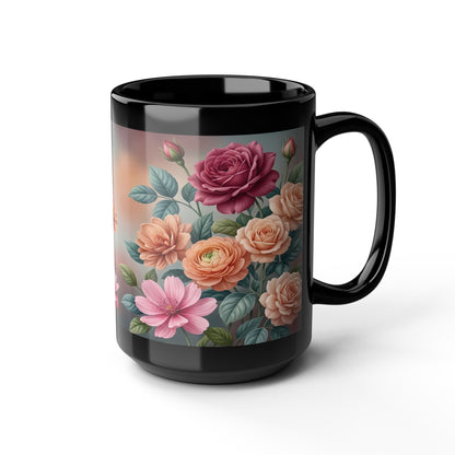 Floral Vintage Roses Black Coffee Mug (11oz/15oz)