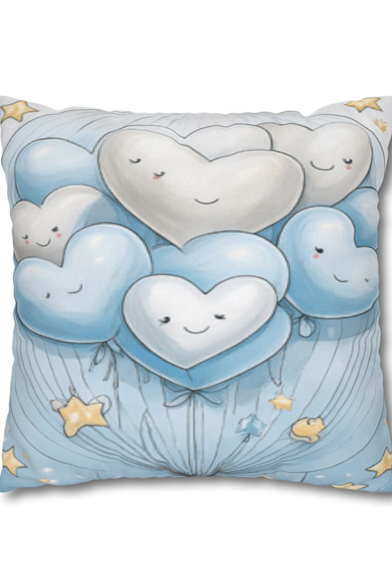 Blue Smiling Heart Balloons Square Pillowcase — Cute Nursery Decorative Throw Pillow Cover by Grace Canvas Shop