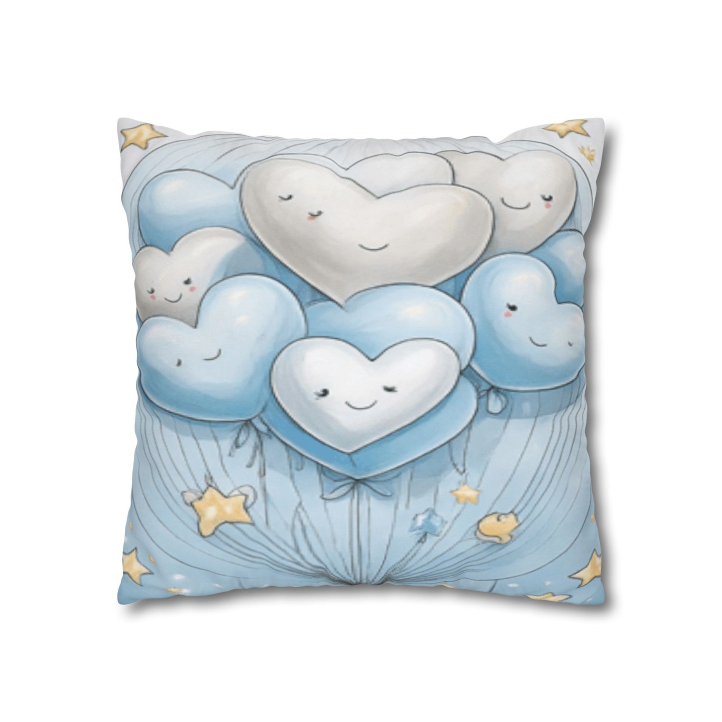 Blue Smiling Heart Balloons Square Pillowcase — Cute Nursery Decorative Throw Pillow Cover