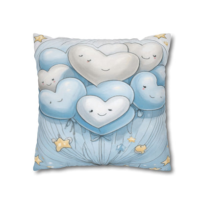 Blue Smiling Heart Balloons Square Pillowcase — Cute Nursery Decorative Throw Pillow Cover