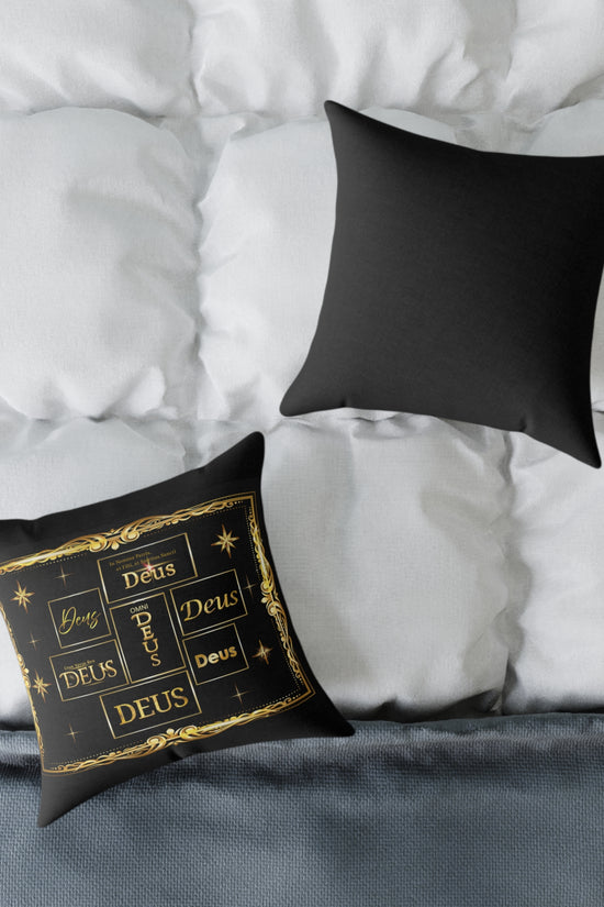 Deus Gold Foil Accent Pillow — Black Square Decorative Throw Pillow by Grace Canvas Shop