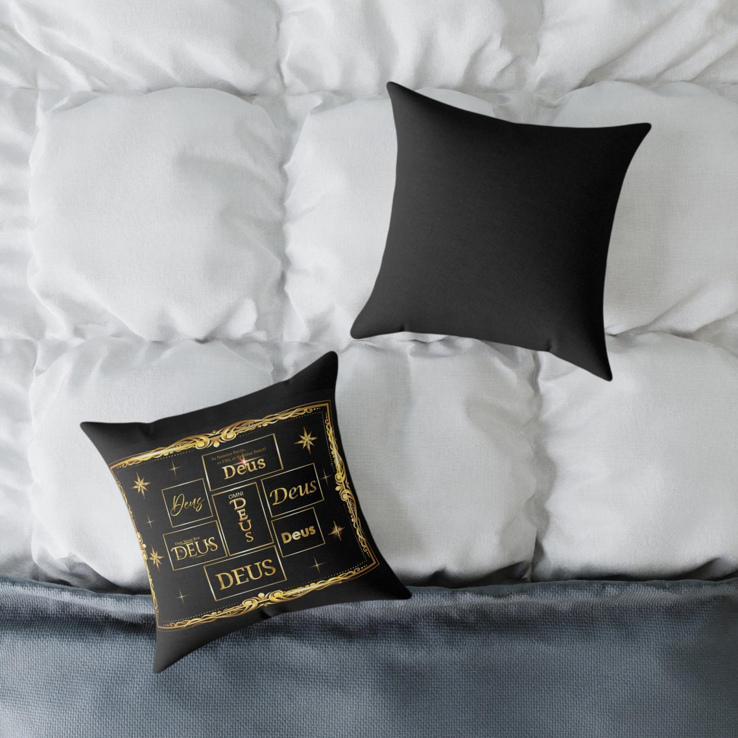 Deus Gold Foil Accent Pillow — Black Square Decorative Throw Pillow by Grace Canvas Shop