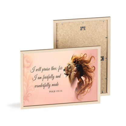 Fearfully & Wonderfully Made Wooden-Framed Poster — Psalm 139:14 Lion & Woman Wall Art