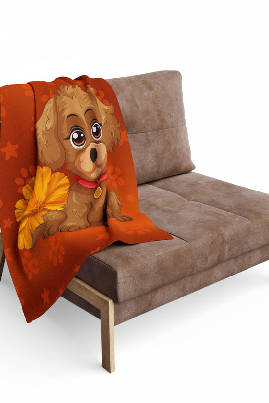 Cute Puppy Fleece Blanket — Adorable Brown Dog with Flower Throw by Grace Canvas Shop