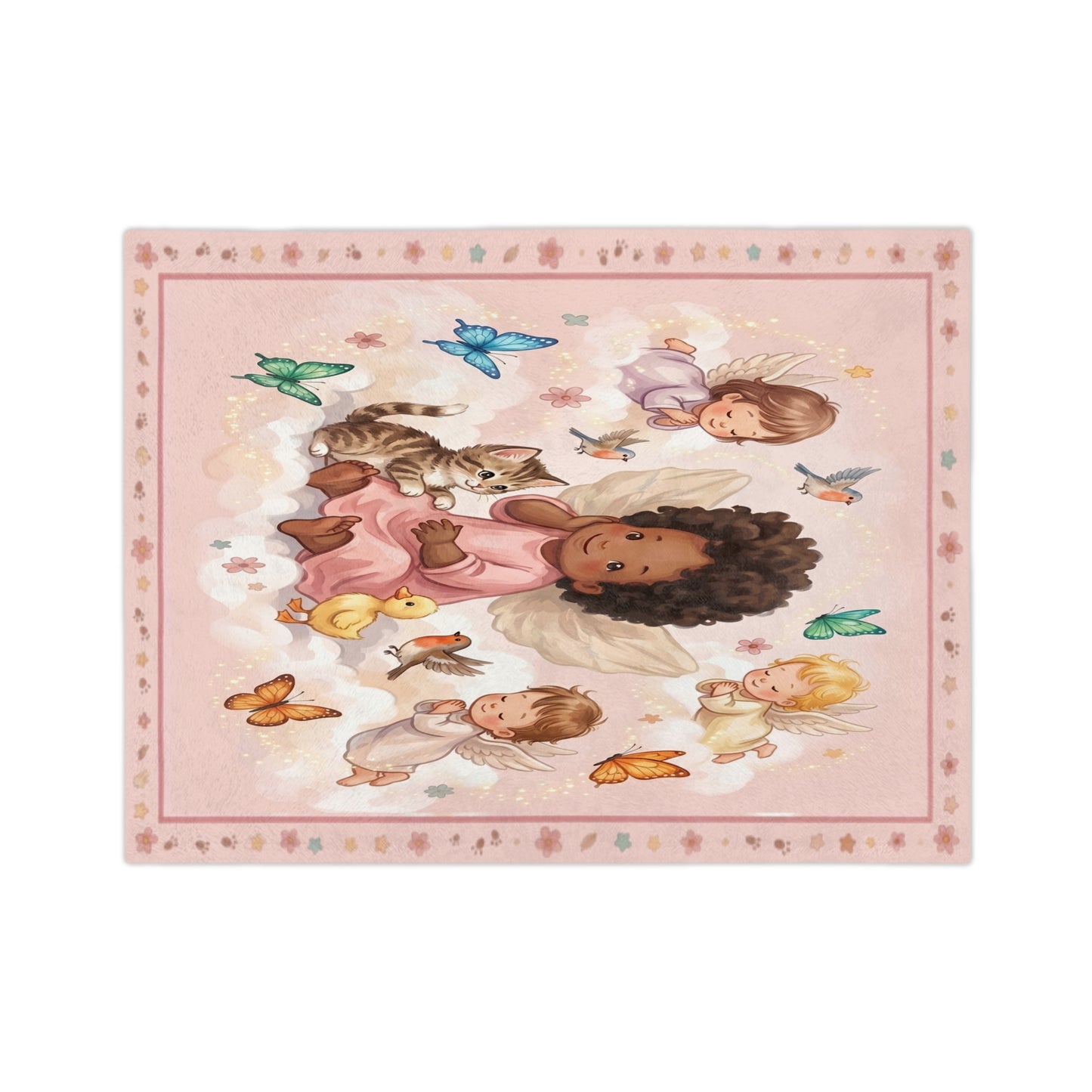 Angel Baby Blanket – Pink Velveteen Microfiber with Cute Angels & Butterflies