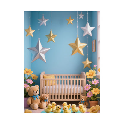 Nursery Star Wall Poster — Cute Crib, Teddy & Hanging Stars Satin Print by Grace Canvas Shop