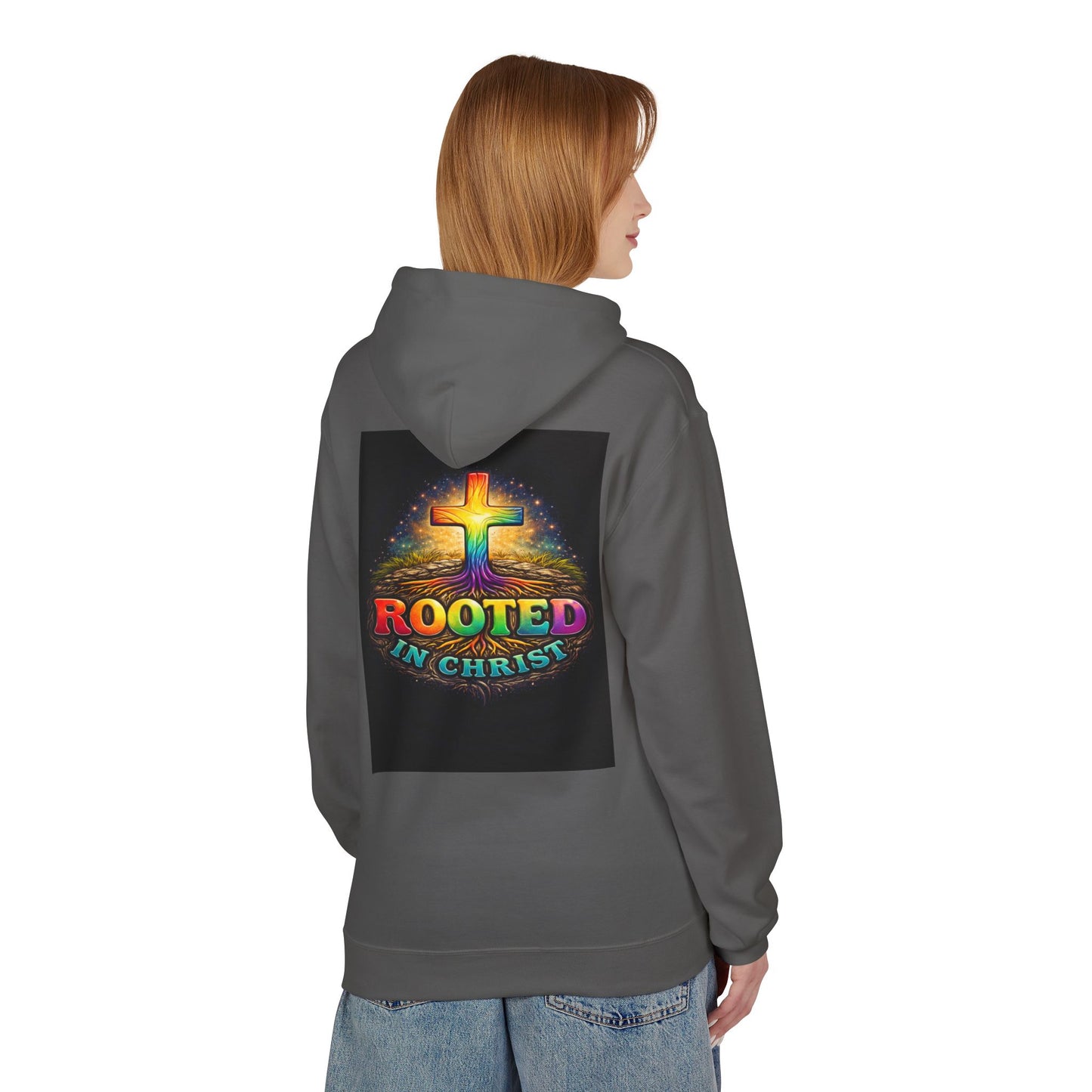 Rooted in Christ Hoodie —Unisex Christian Cross Faith Sweatshirt