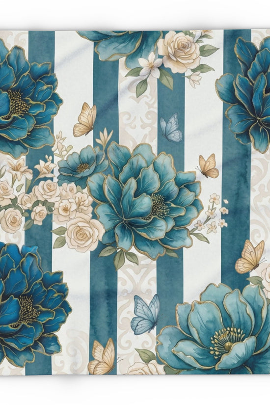 Teal Peony Striped Throw Fleece Blanket