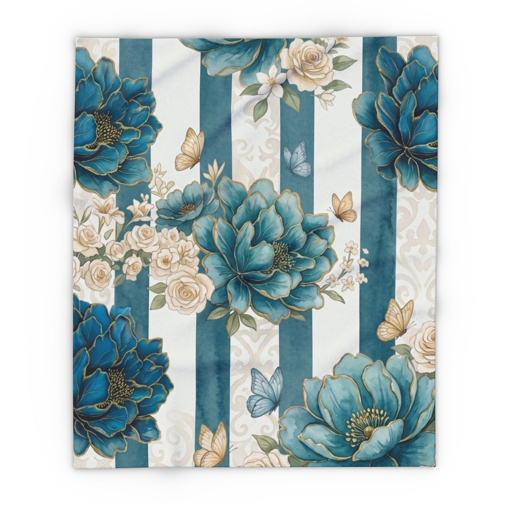 Teal Peony Striped Throw Fleece Blanket