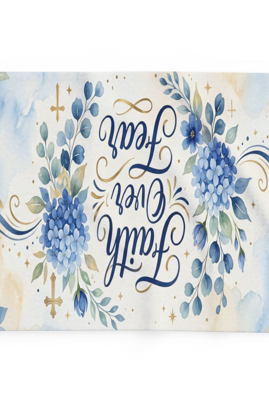 Faith Over Fear Fleece Blanket – Blue Floral Inspirational Throw