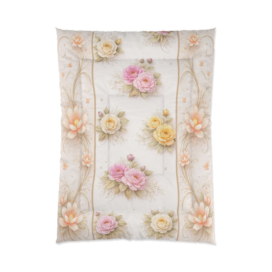 Vintage Floral Comforter – Soft Pink & Yellow Rose Bedspread
