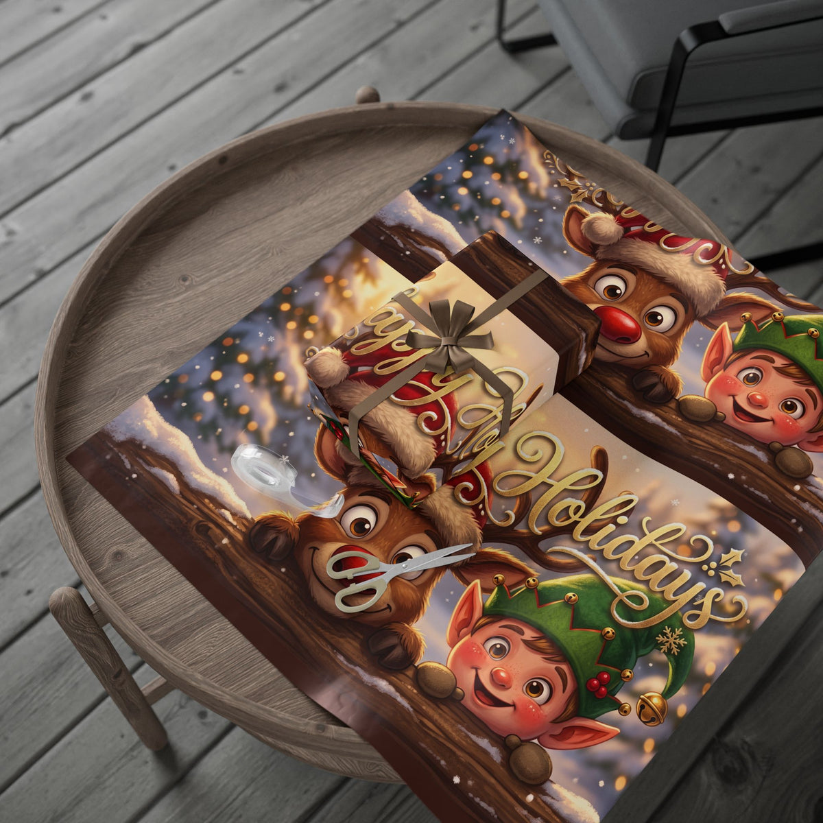"Happy Holidays" Reindeer & Elf Gift Wrap