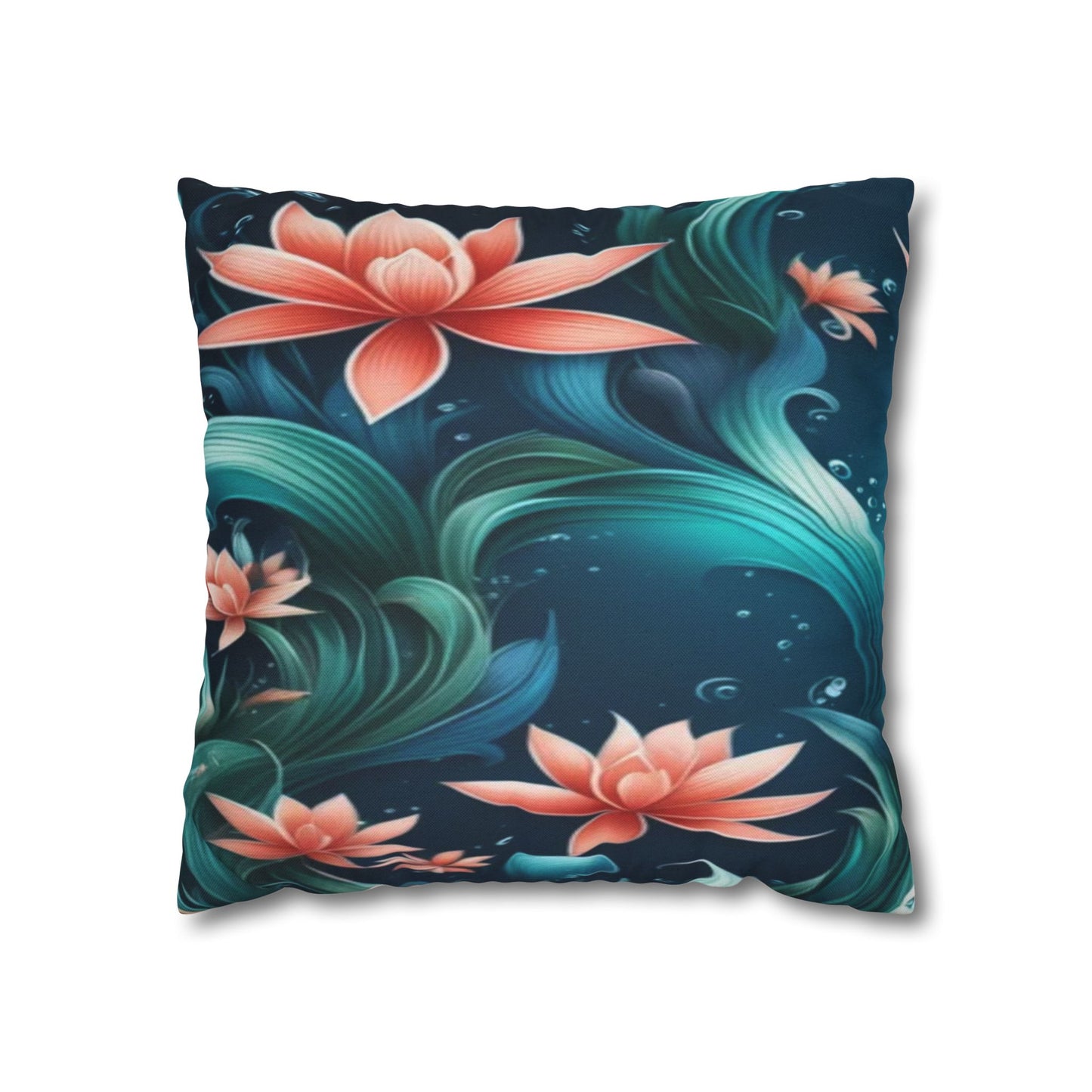 Floral Lotus Throw Pillowcase – Teal & Coral Garden Accent Pillowcase