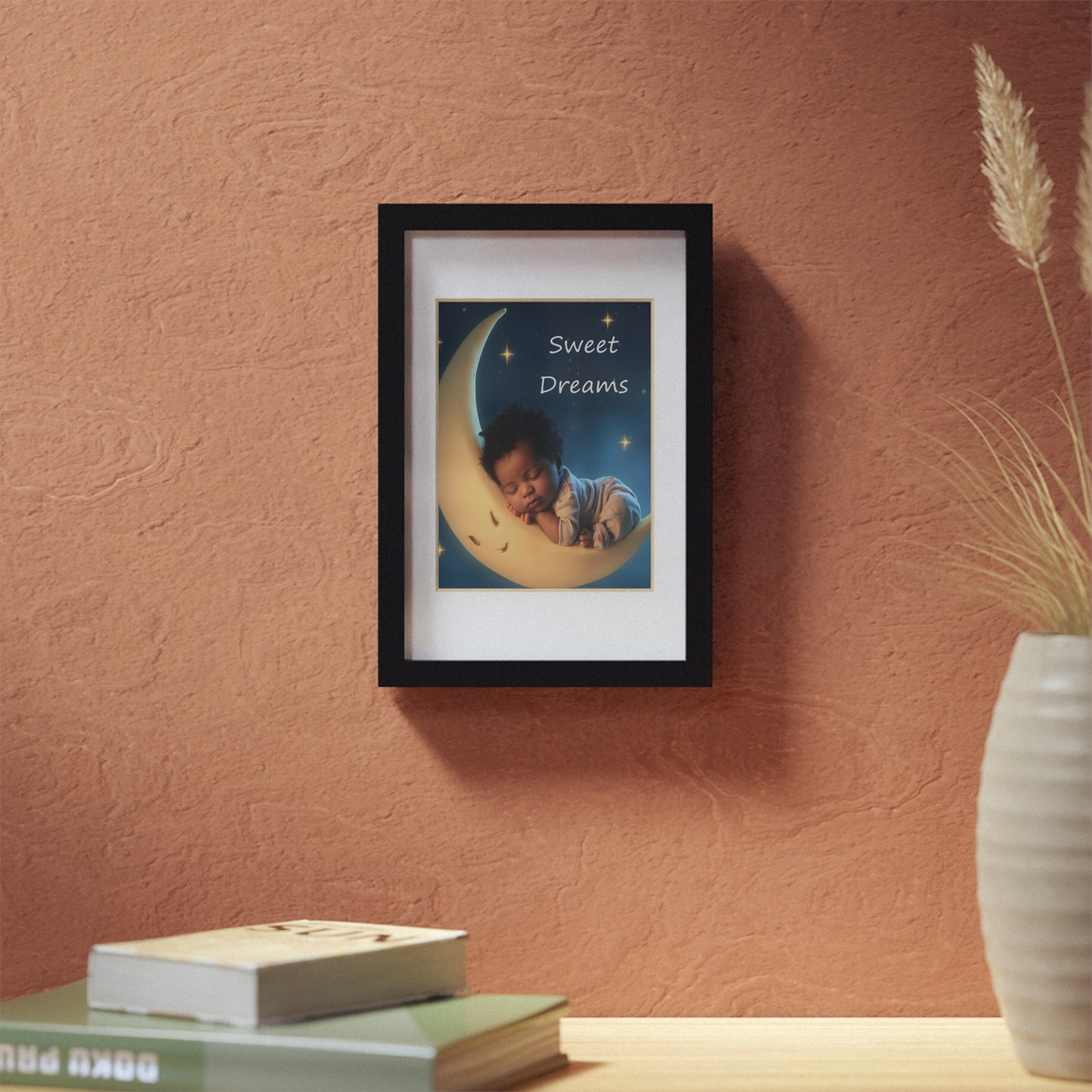 Sweet Dreams Nursery Framed Poster — Baby Moon Wall Art (Black Frame)