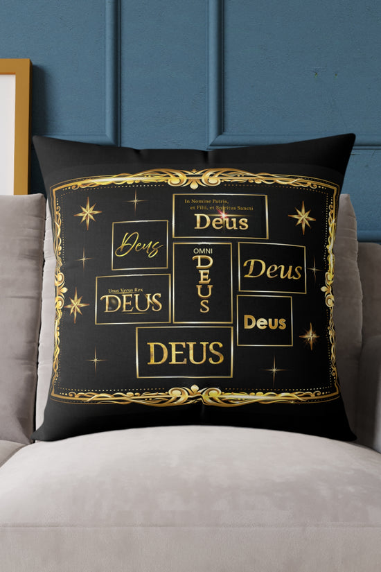 Deus Gold Foil Accent Pillow — Black Square Decorative Throw Pillow by Grace Canvas Shop