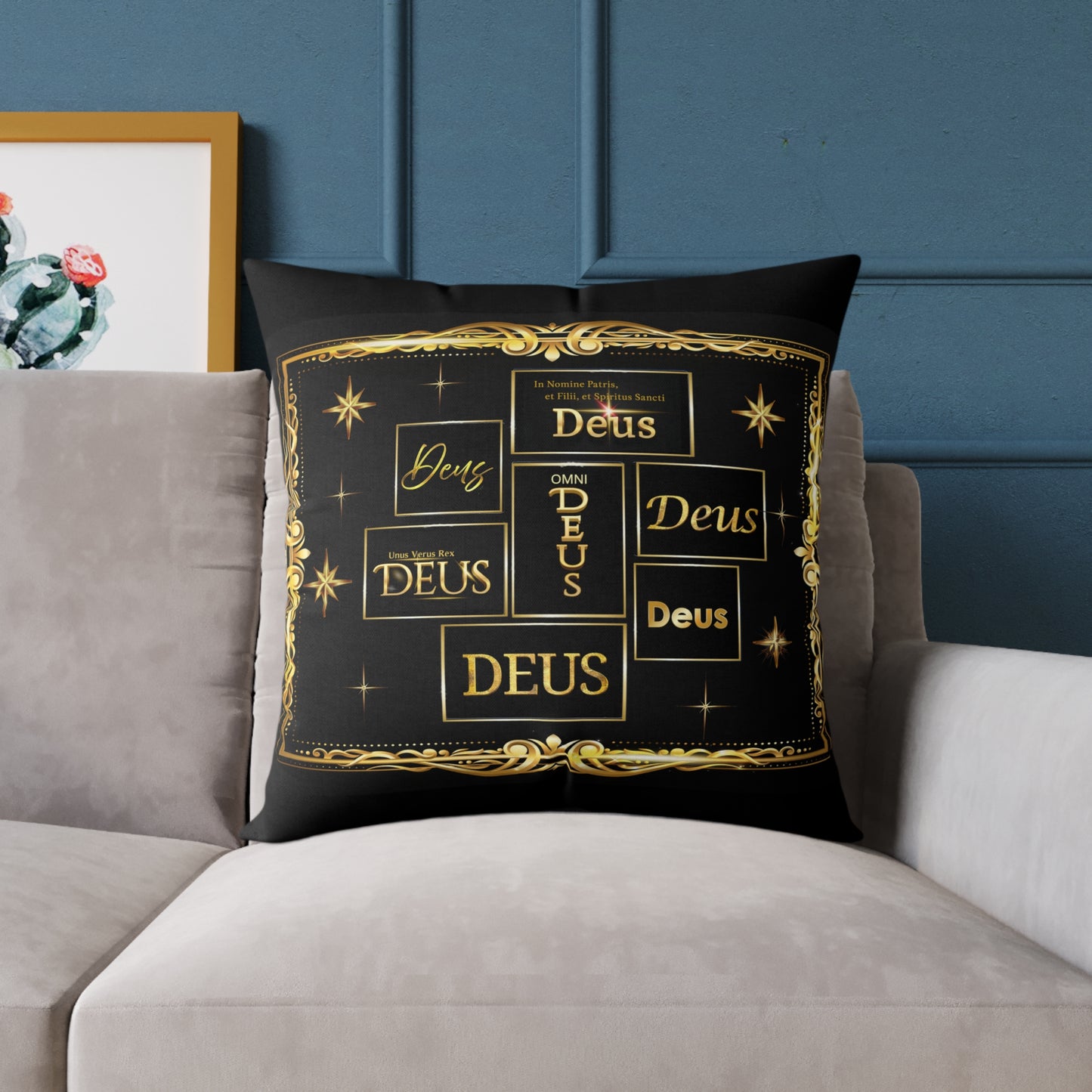 Deus Gold Foil Accent Pillow — Black Square Decorative Throw Pillow by Grace Canvas Shop